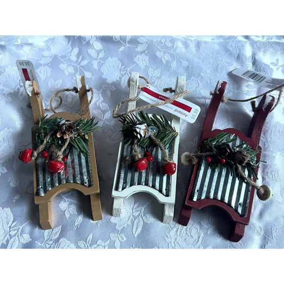 New 3 Wood and Metal Christmas Sled Ornaments with bells by Ashland‎ - Picture 1 of 11